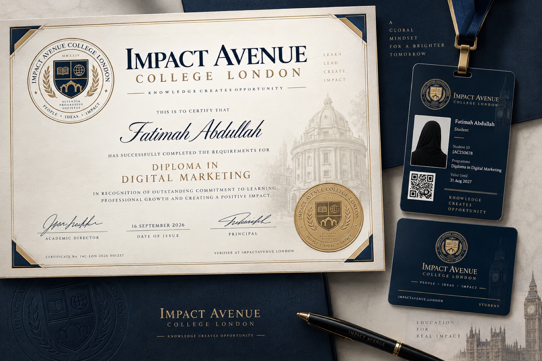 Impact Avenue certificate and student card visual identity